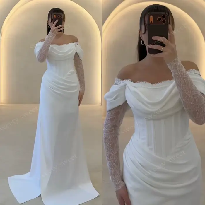 Robe de mariée classique entièrement en satin, style sirène, col carré, manches longues, personnalis