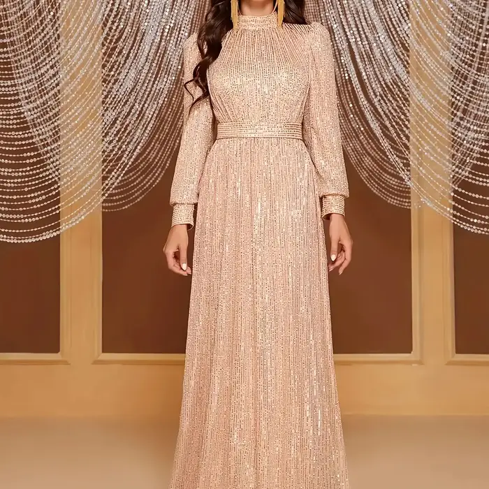 Robe longue rétro élégante à manches longues pour femme – Parfaite pour les soirées