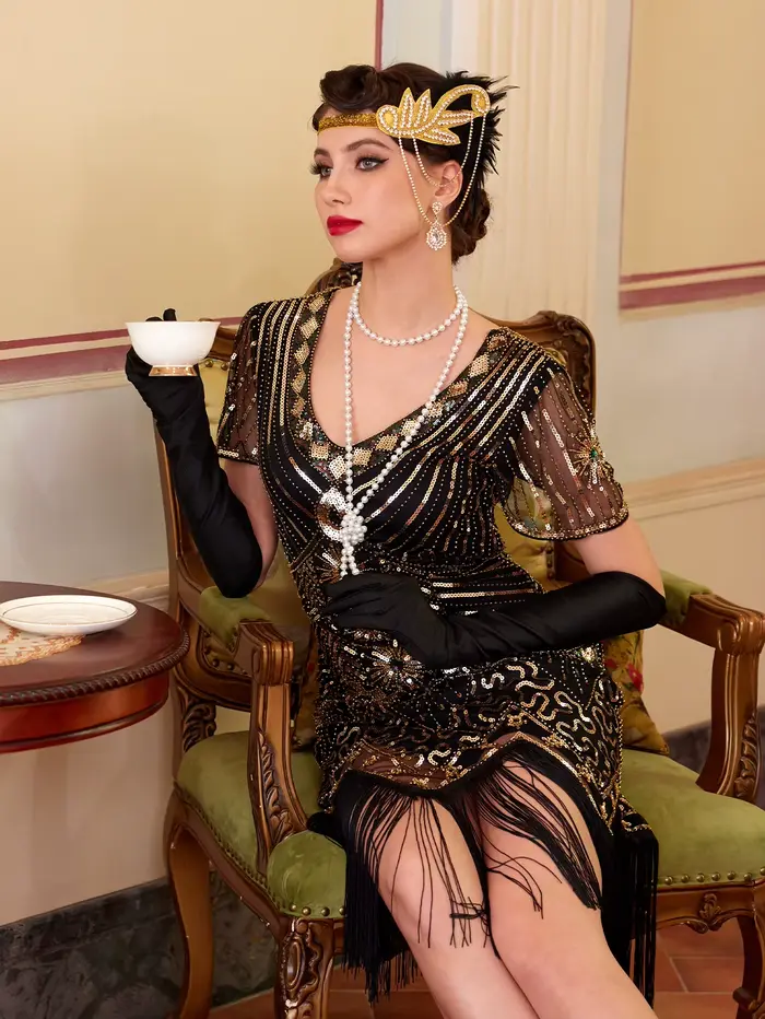 Robe Art Déco en polyester avec franges et paillettes pour bal et événements spéciaux femmes