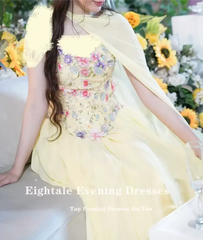 Robe de soirée arabe Eightale en mousseline de soie jaune avec fleurs 3D