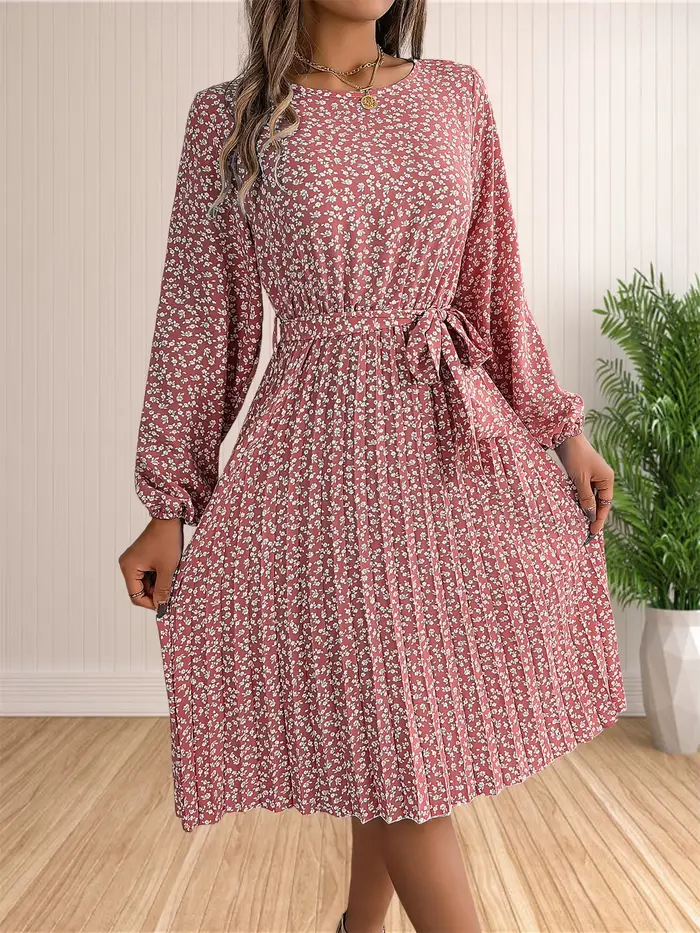 Robe plissée à manches longues imprimée floral style bohème pour femmes occasions spéciales automne hiver