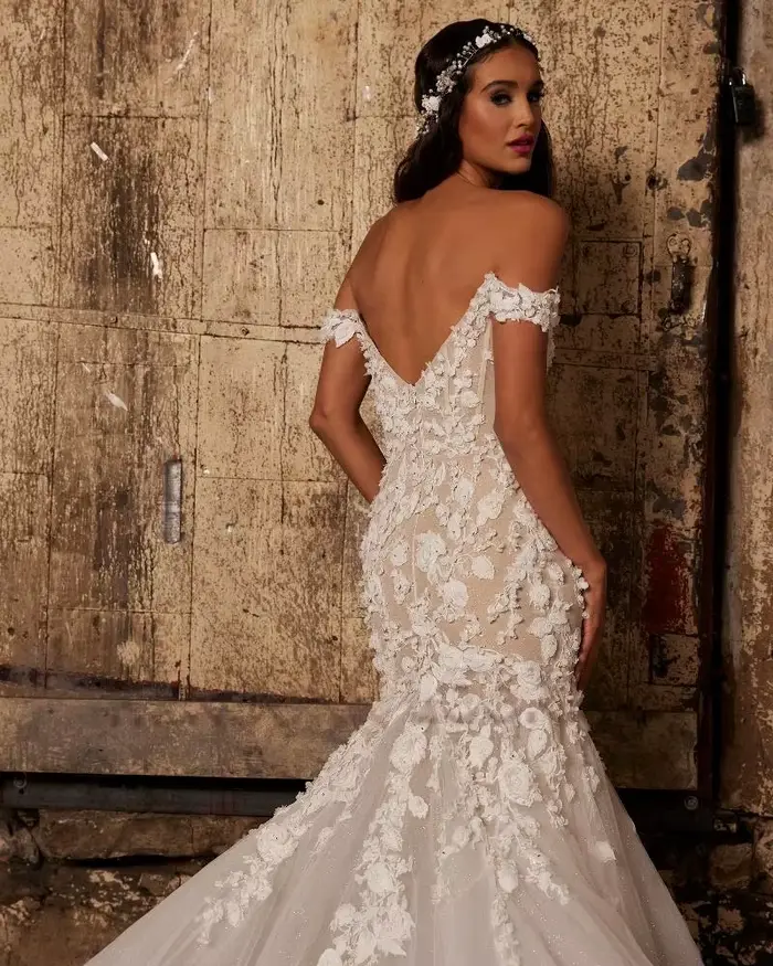 Robe de mariée bohème personnalisée avec appliques et train de la cour pour femmes - styles sirène et trompette - blanc, ivoire, champagne - occassions de mariage et événements spéciaux