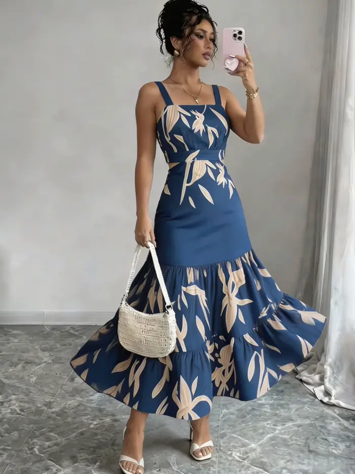 Robe midi bohème à imprimé feuilles bleues, col carré, ourlet à volants, robe fluide, pour les vacances à la plage, les fêtes, les tenues décontractées d'été, les tenues quotidiennes