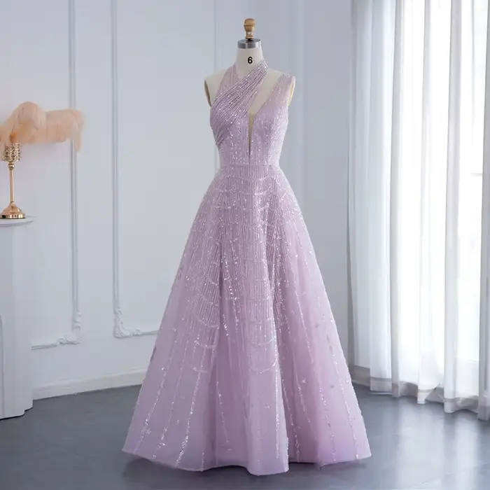 Sharon Said-Robe de Soirée de Luxe à Col Licou et Perles, Tenue Élégante, Arabe et Formelle Personna