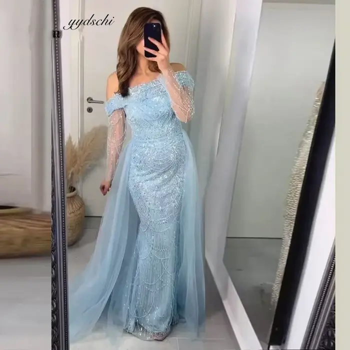 Robes de Cocktail Personnalisées 2026 – Robes de Soirée Bleues Scintillantes avec Perles de Cristal,