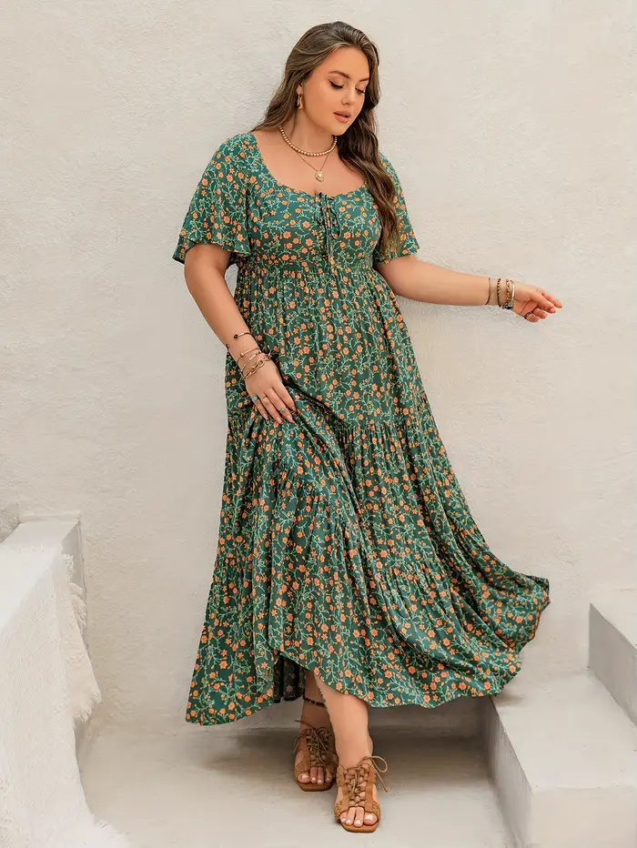 Robe longue bohème grande taille pour femme, col français, imprimé ajustable à nouer, style chic boh