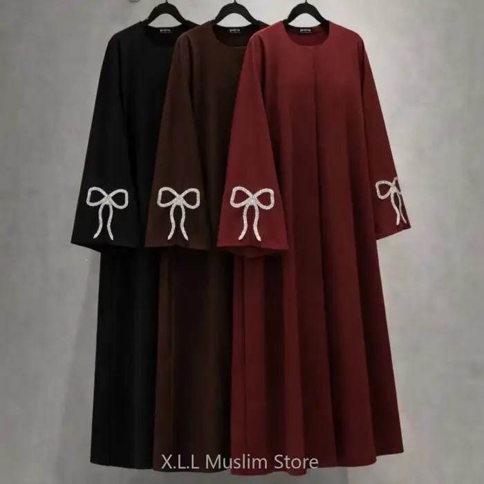 Abaya pour femme élégante polyester tricotée avec arc décoration pour occasions spéciales automne hiver