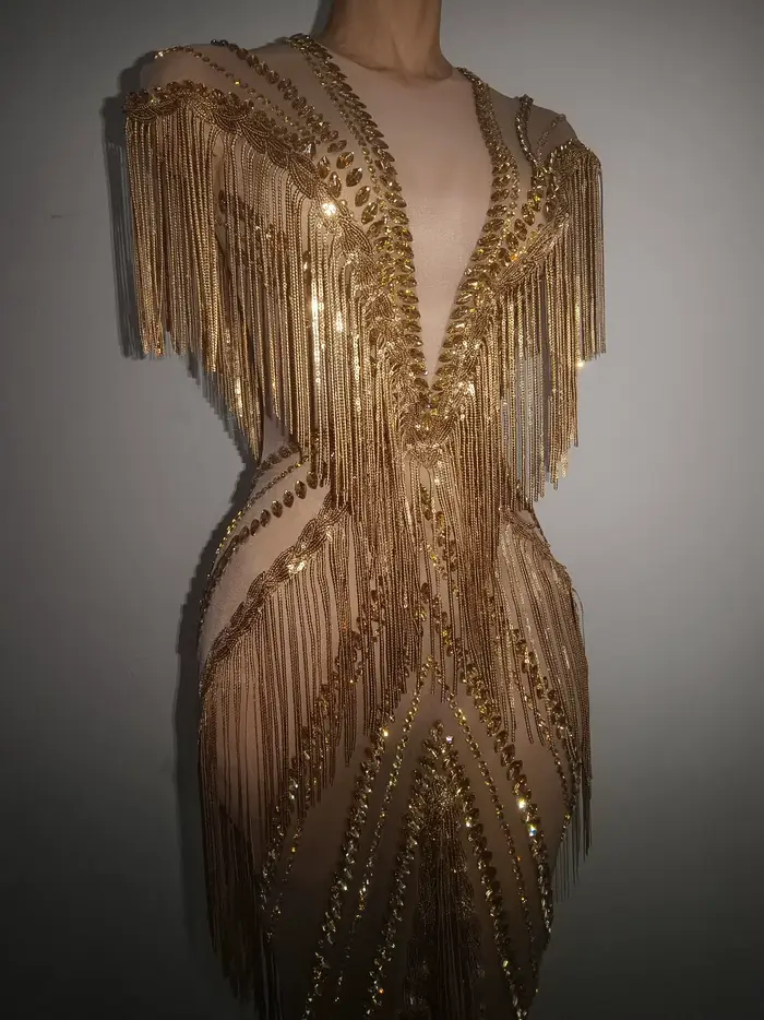 Robe longue de soirée luxueuse en polyester pour chanteuses de club, avec strass et franges, disponible en plusieurs tailles et couleurs