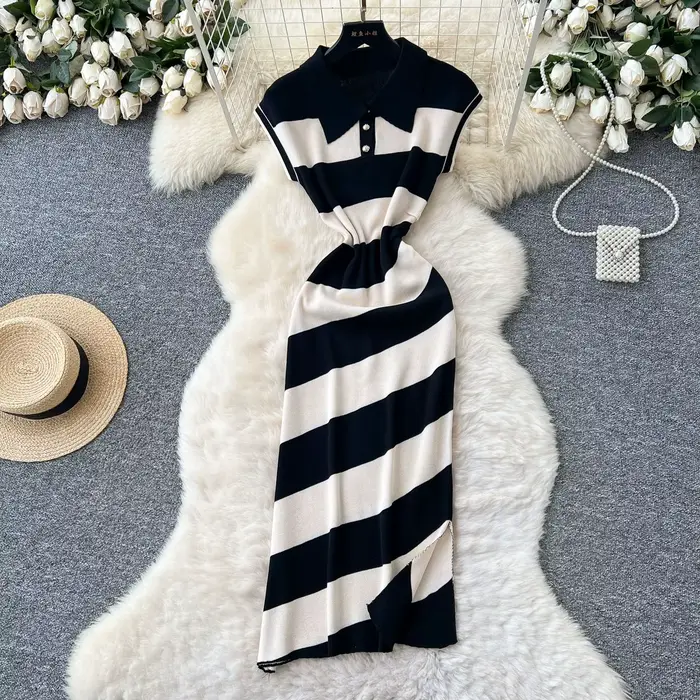 Robe longue femme col polo Y2K polyester sans manches rayée élégante pour femmes occasions spéciales printemps