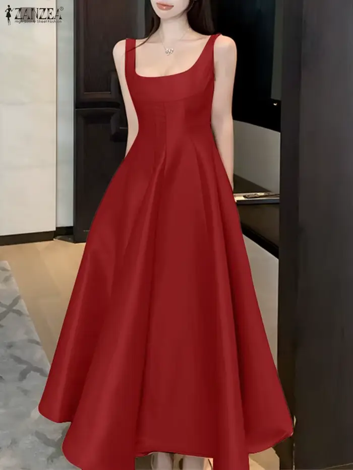 Femmes mode 6 couleurs Satin Cocktail longue robe ZANZEA élégant col carré sans manches a-ligne robes de soirée pour femme