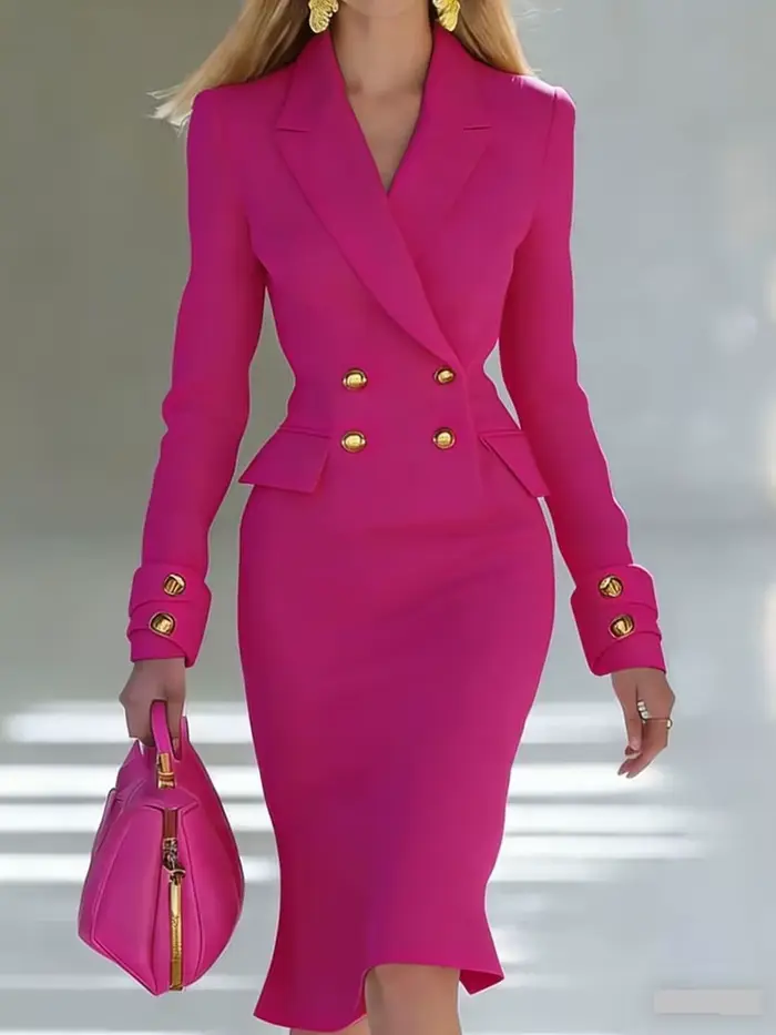 Robe Blazer élégante à double boutonnage en polyester avec col en V pour femmes, occasions spéciales, soirée décontractée, manches longues