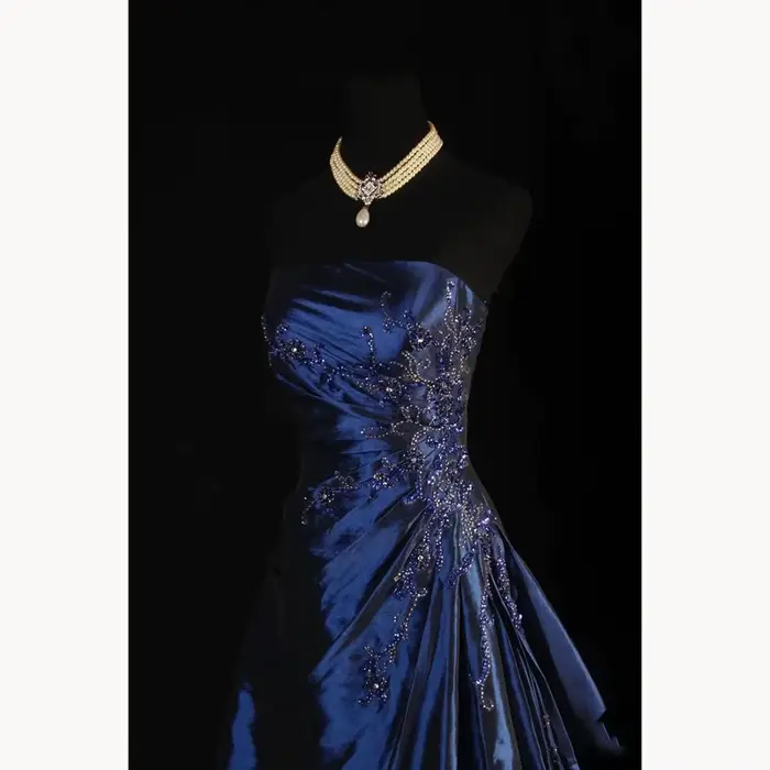 Robe Bleue en Taffetas à Fleurs Classique pour Soirées Officielles Mariages et Proms