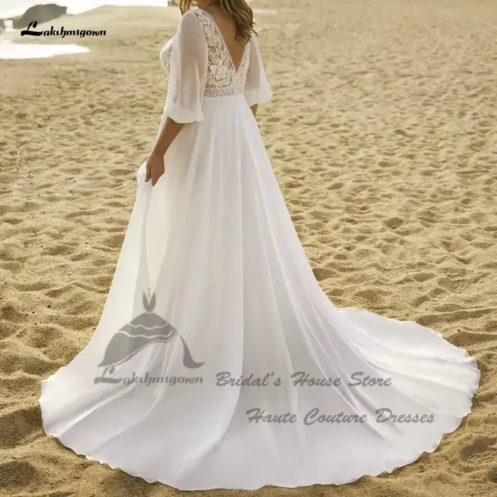 Robe de Mariée Bohème Chic à Manches Bouffantes Élégante à Offrir pour Occasions Spéciales Plage Été 2025