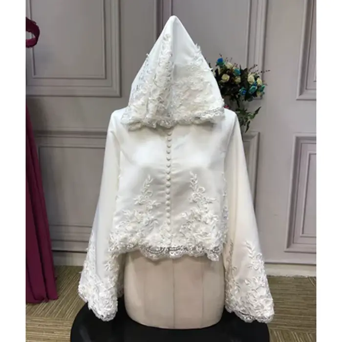 Robe arabe courte Cape de mariage avec chapeau Appliques dentelle Satin dubaï caftan islamique saoud