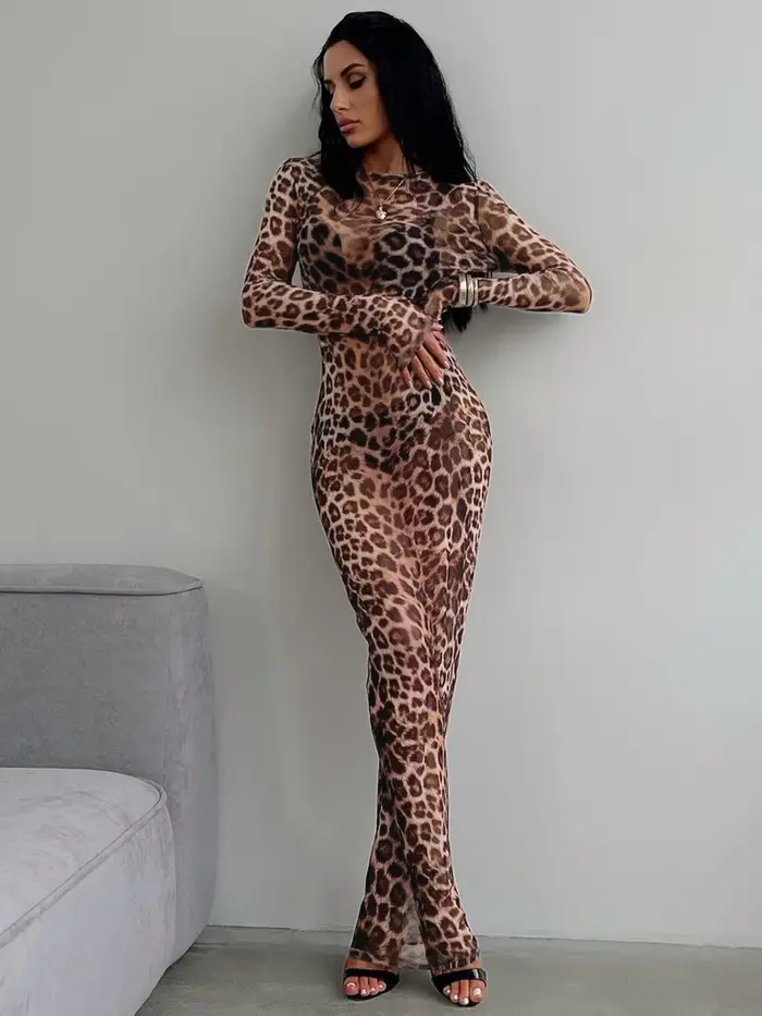 Robe hugcitar imprimée léopard maille à manches longues sexy voir à travers maxi robe printemps été femmes mode plage occasions spéciales