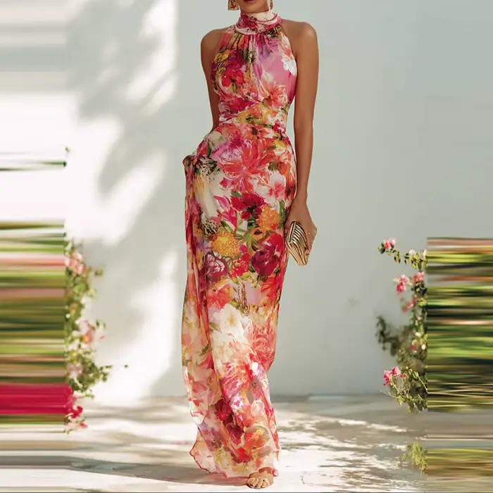 Robe d'été pour femme à imprimé floral rouge, sans manches, coupe ajustée, taille haute, style bohèm