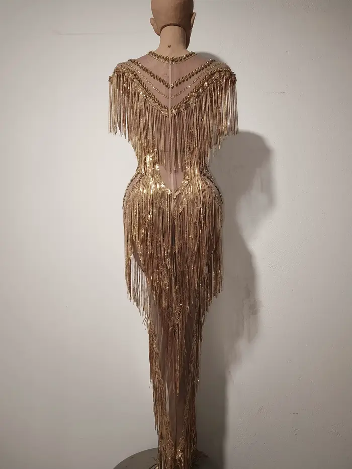 Robe longue de soirée luxueuse en polyester pour chanteuses de club, avec strass et franges, disponible en plusieurs tailles et couleurs
