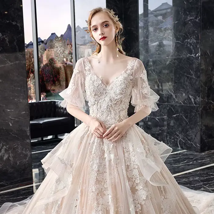 Robe de mariée à col en v, tempérament de mariée, industrie lourde, série forêt de luxe, rêve Super