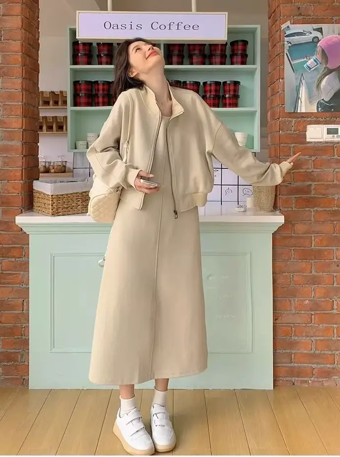 Ensemble deux pièces pour femme, robe kaki douce, gilet, jupe, Cardigan, veste, nouvelle collection 