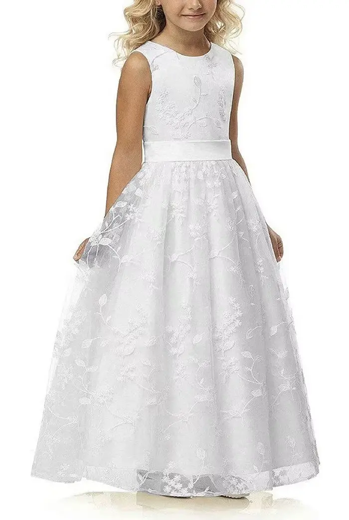 Robe longue de Communion Chic pour enfants de 2 à 13 ans, en dentelle, à fleurs, en Tulle brodé, ave