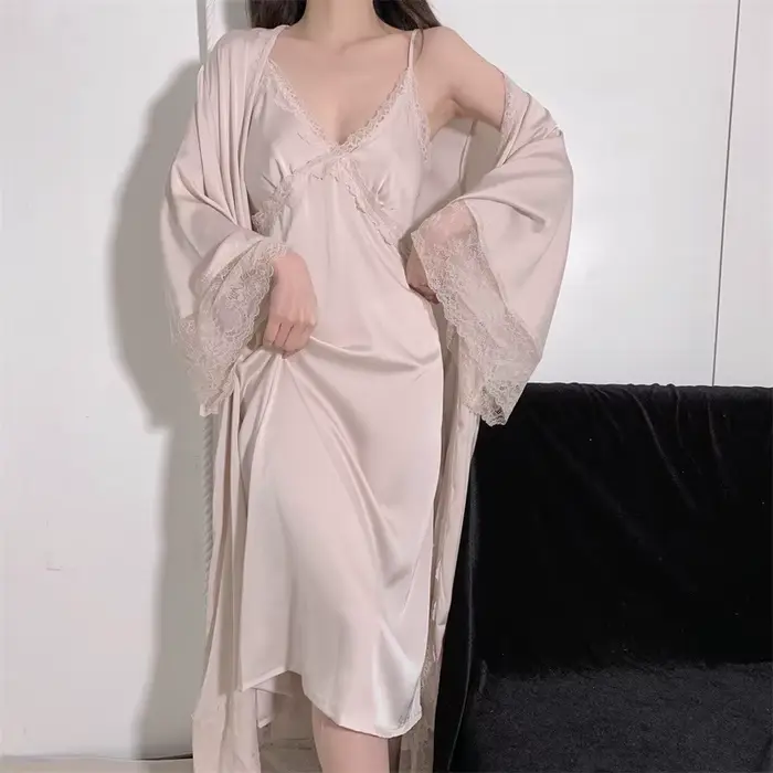 Élégant femme nuisette & Robe ensemble longue peignoir chemise de nuit Sexy dentelle garniture chemise de nuit vêtements de nuit printemps été soie Satin vêtements de maison