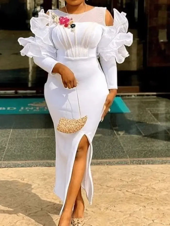 Femmes blanc robe de noël tenue de soirée Sexy longue fente latérale