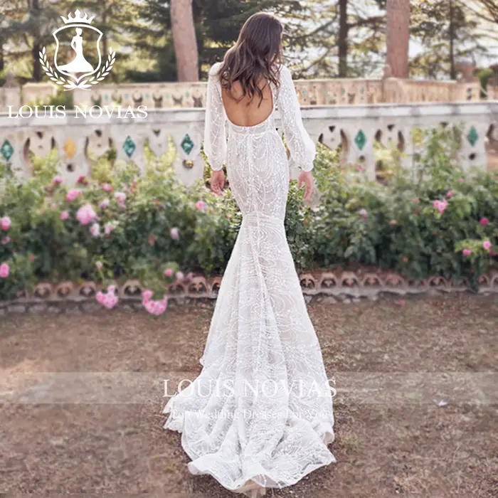 LOUIS NOVIAS robes De mariée sirène pour femmes Champagne col en v dos nu fermeture éclair manches bouffantes robe De mariée robes De Novia