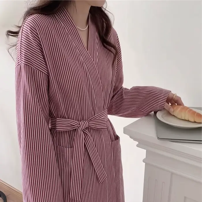 Nouveauté : Robe, peignoir et pyjama rayés roses mi-longs pour femme, style français, décontracté et