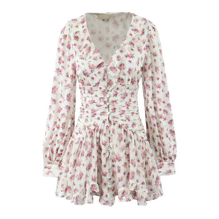 Mini robe à volants à imprimé floral Boho pour femmes, bouton avant, manches longues, col en V, robe