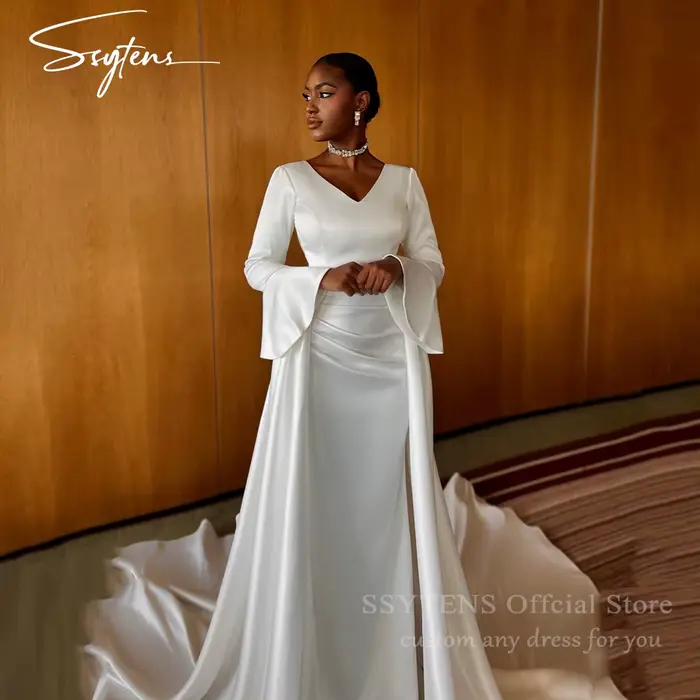 SSYTENS Robes de mariée musulmanes de luxe, col en V, manches longues, robe de mariée en satin de Du