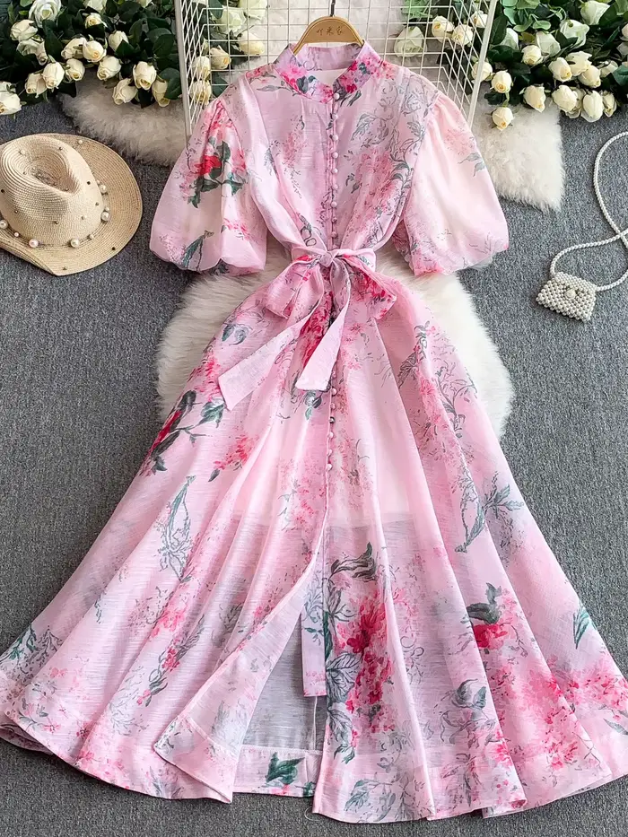 Robe femme imprimé Vintage Euro Palace: col montant manches bouffantes été cravate taille mince robes longues évasées