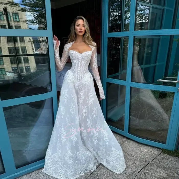 Robes de mariée personnalisées dentelle élégante à manches longues a-ligne bouton Boho robes de mariée robe de mariée