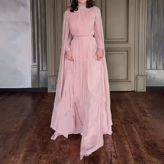 Robe de soirée modeste arabe élégante en polyester pour femmes, dentelle, col haut, longueur classique, tenue pour événements formels