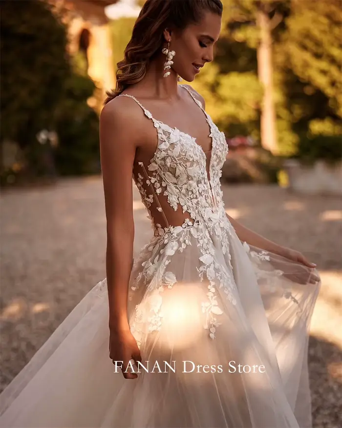 Fanan-Robe de Mariée à Bretelles Spaghetti en Tulle