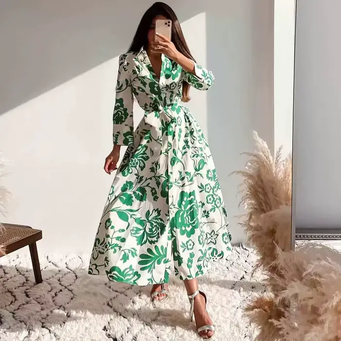 Robe maxi en rayonne de coton à imprimé floral vert pour femmes