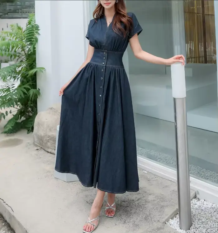 Mode jean robe col en v à manches courtes femmes 2025 été décontracté ample femme dames sans