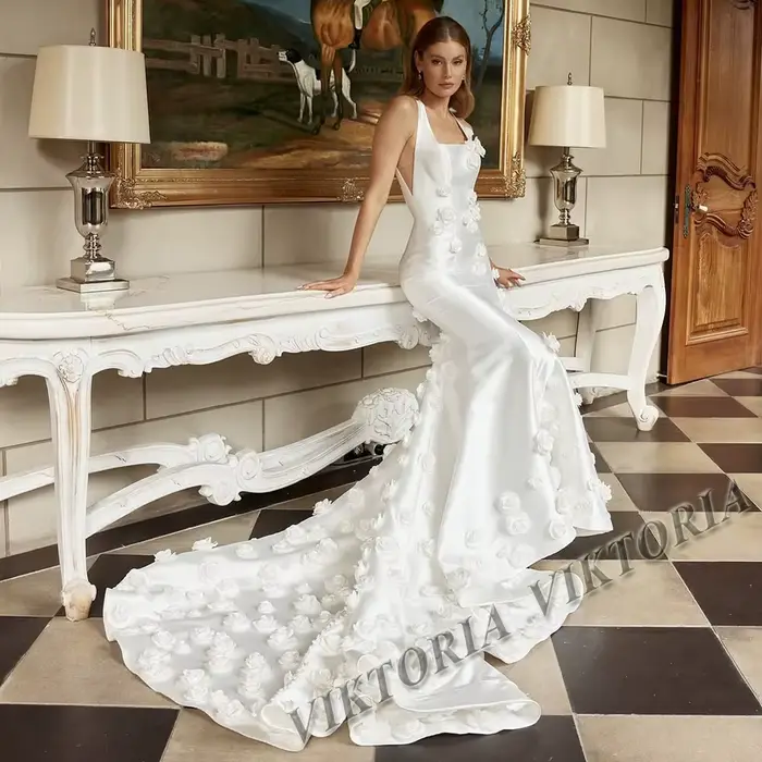 VIKTORIA-Robe de Mariée Sirène de Luxe pour Femme, Dos aux, Fleurs 3D, Col Carré, Personnalisé