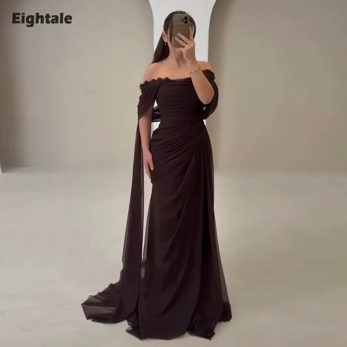 Robe de soirée arabe Eightale en mousseline de soie, plissée sur mesure, décolleté en cuillère, dentelle, silhouette sirène, train de balayage, occassionnelle soirée festive, sans manches, soutien gorge intégré
