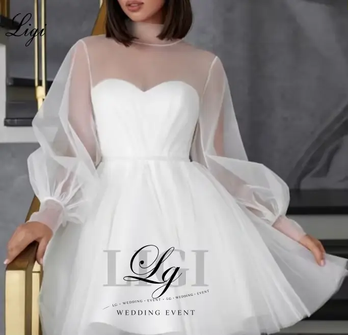 Robe de mariée courte LIGI en coton avec manches longues bouffantes, col rond, silhouette une ligne, personnalisable pour femmes, occasions spéciales et cérémonies de mariage