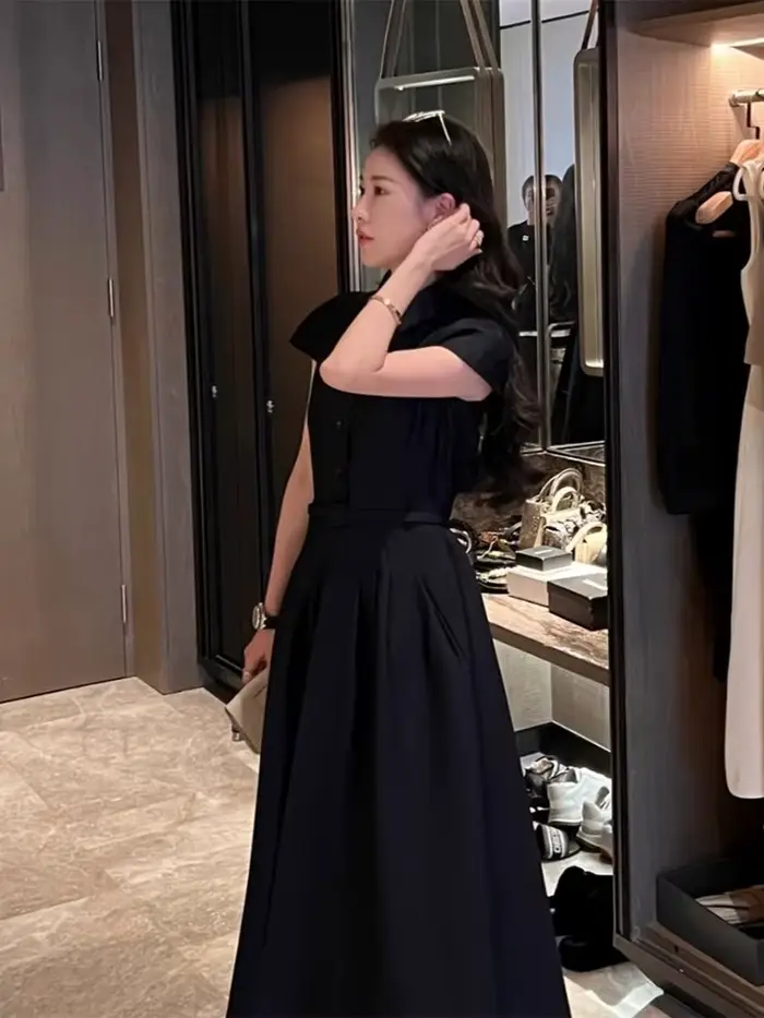 Robe française noire longue couchée à la taille pour femmes, à la mode et élégante, manches ajustées, sergé de couleur Pure, texturée