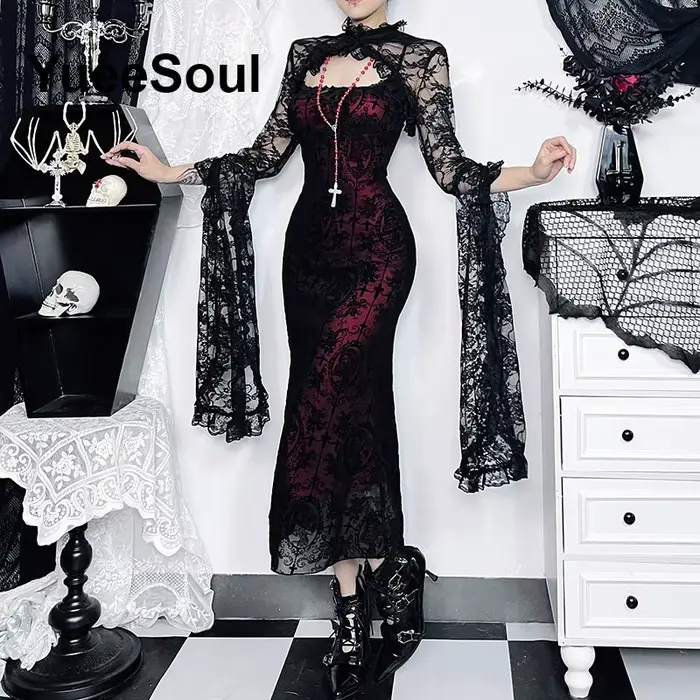 Robe Gothique Femme Sans Manches Dentelle Noire Moulante Mini Robes 2026 Y2K Grunge Punk Harajuku Lolita Fairy Core Vêtements d'Halloween