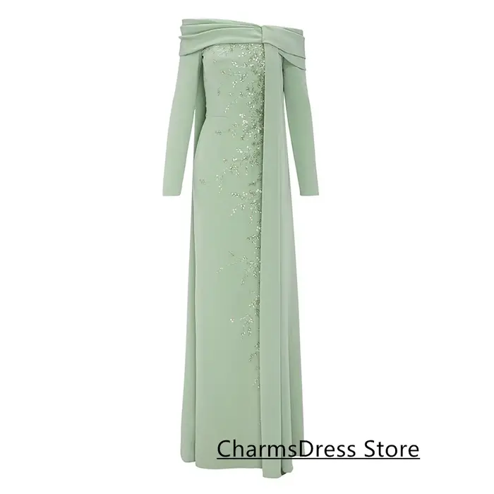 Robe de soirée longue en polyester avec perles et cristaux décolleté hors de l'épaule pour mariage et gala élégant