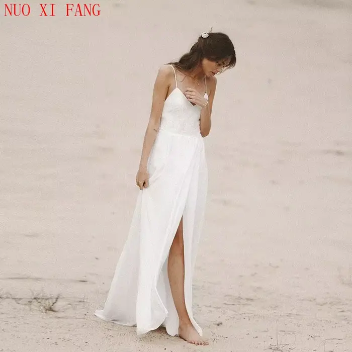 Robe de Mariée Sexy en Mousseline de Soie, Tenue de Plage, Col en V, Dos aux, Bretelles Spaghetti, S