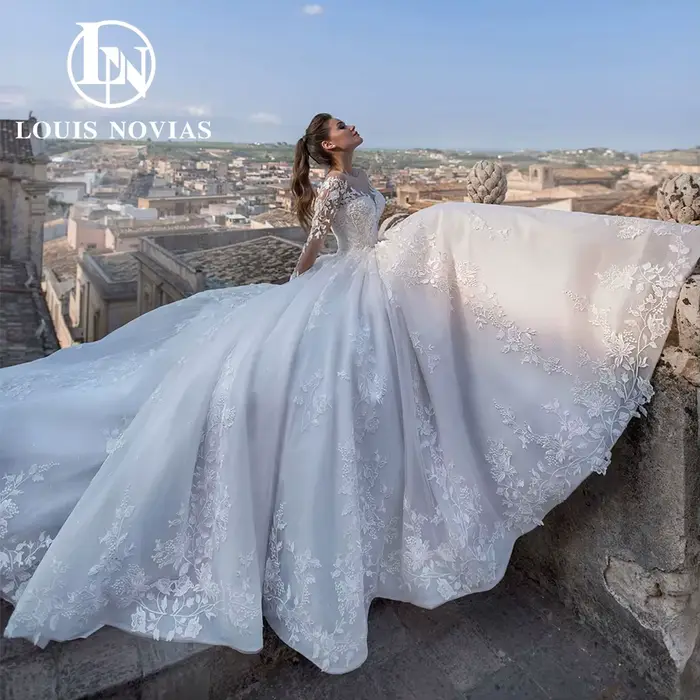 LOUIS NOVIAS robes De mariée pour les femmes magnifique perlée princesse à manches longues chérie à lacets robe