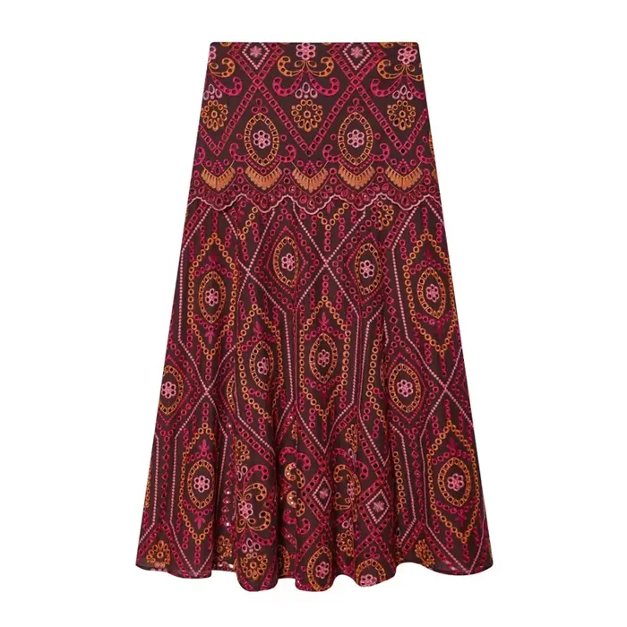 Robe longue bohème brodée pour femme, taille haute, ourlet évasé, imprimé ethnique, détails ajourés,