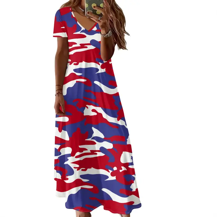 Robe longue d'été pour femmes à manches courtes et col en V, robe à motifs imprimés 3D tendance, sty