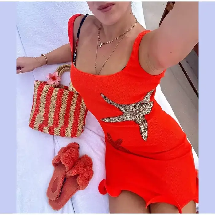 Sea Star Brodé Tricoté Femmes Mini Robe Décontracté O Cou Sans Manches