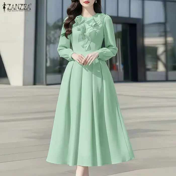ZANZEA Robes Midi Femme Été Printemps Décontractées Manches Longues Unies Col Rond Ample