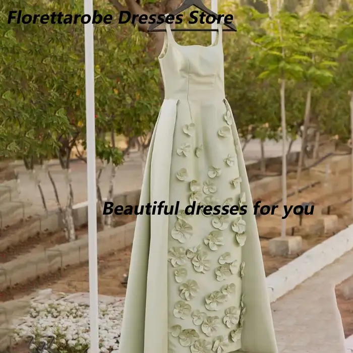 Robe de soirée vert sauge à fleurs 3D col carré personnalisé plissée droite en satin sans manches pour bal de promo et fêtes occasions spéciales