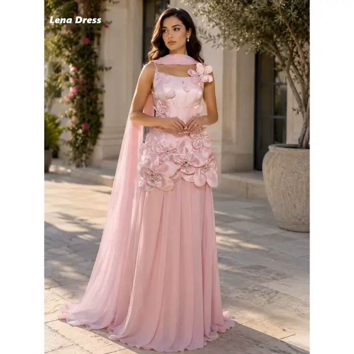 Robes de soirée élégantes Lena pour occasions spéciales, en mousseline rose avec fleurs 3D, châle pe